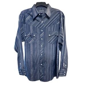 Renegade Western Shirt Mens L Pearl‎ Snap Striped Navy Blue Cowboy Southwestern